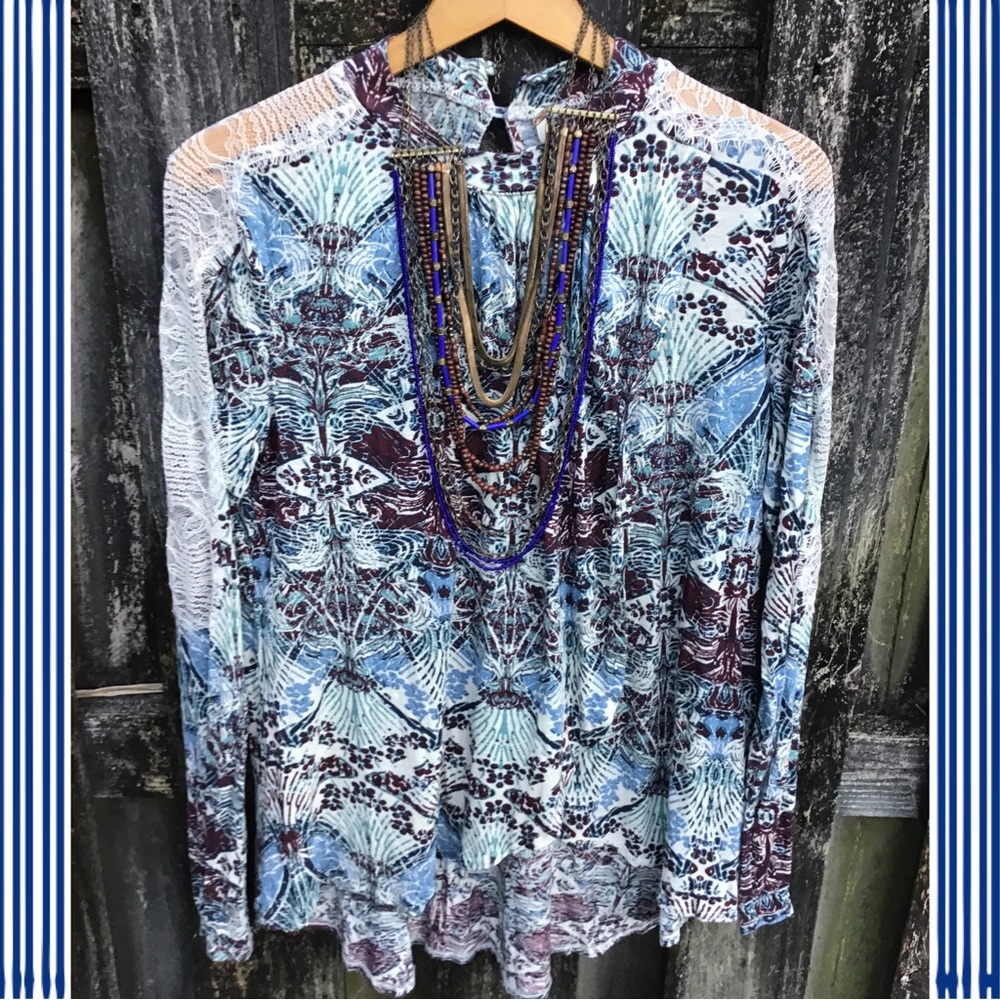 Free People Blue and White Patterned Top